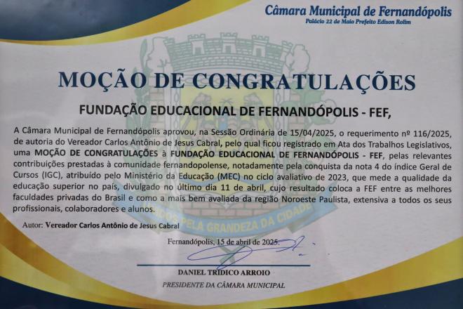 Imagem da Galeria da Notícia: FEF é homenageada na Câmara Municipal pelos relevantes serviços prestados à comunidade